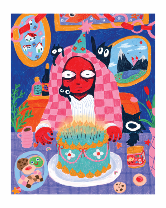 Colourful illustration of a character with a birthday cake in a chaotic setting, surrounded by cats, other sweet treats, and wall art.