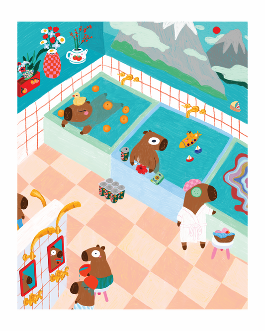 Illustration of capybaras in a bathhouse with a checkered floor and mountain mural. Relaxation, beer, bathbombs, and yuzu.