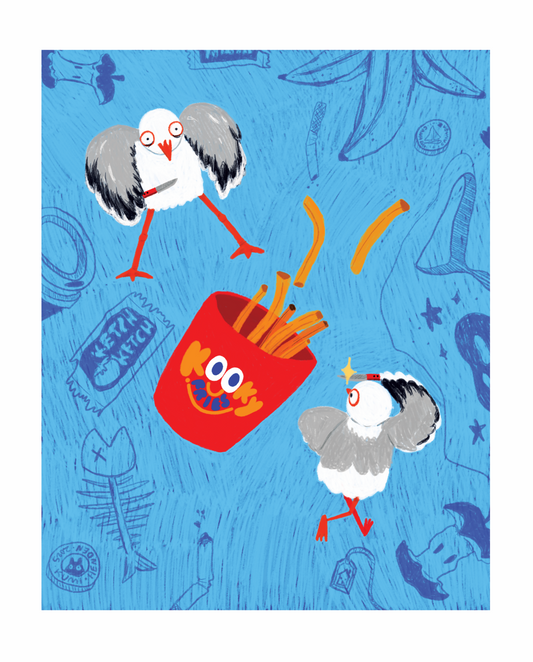 Illustration of seagulls fighting to the death over a bucket of fries, set against a blue background with dark blue accents, the uninteresting trash surrounding them.