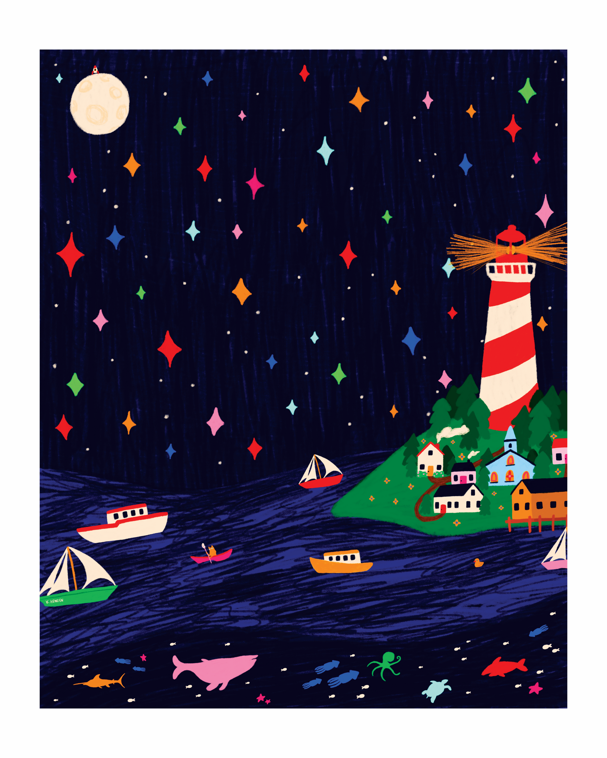 Illustration of a lighthouse on a hill with colourful boats in the water and a night sky with stars. There are some easter eggs in the illustration, including but not limited to a rubber duck and a rocket.